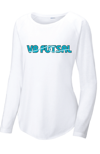 Ladies Long Sleeve Tri-Blend Wicking Scoop Neck Raglan Tee / White / VB FUTSAL